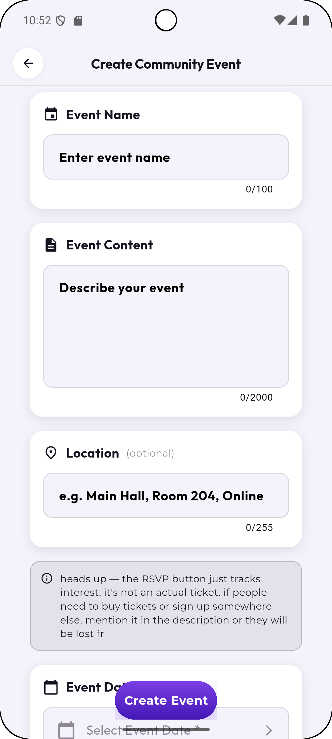 Create community event screen