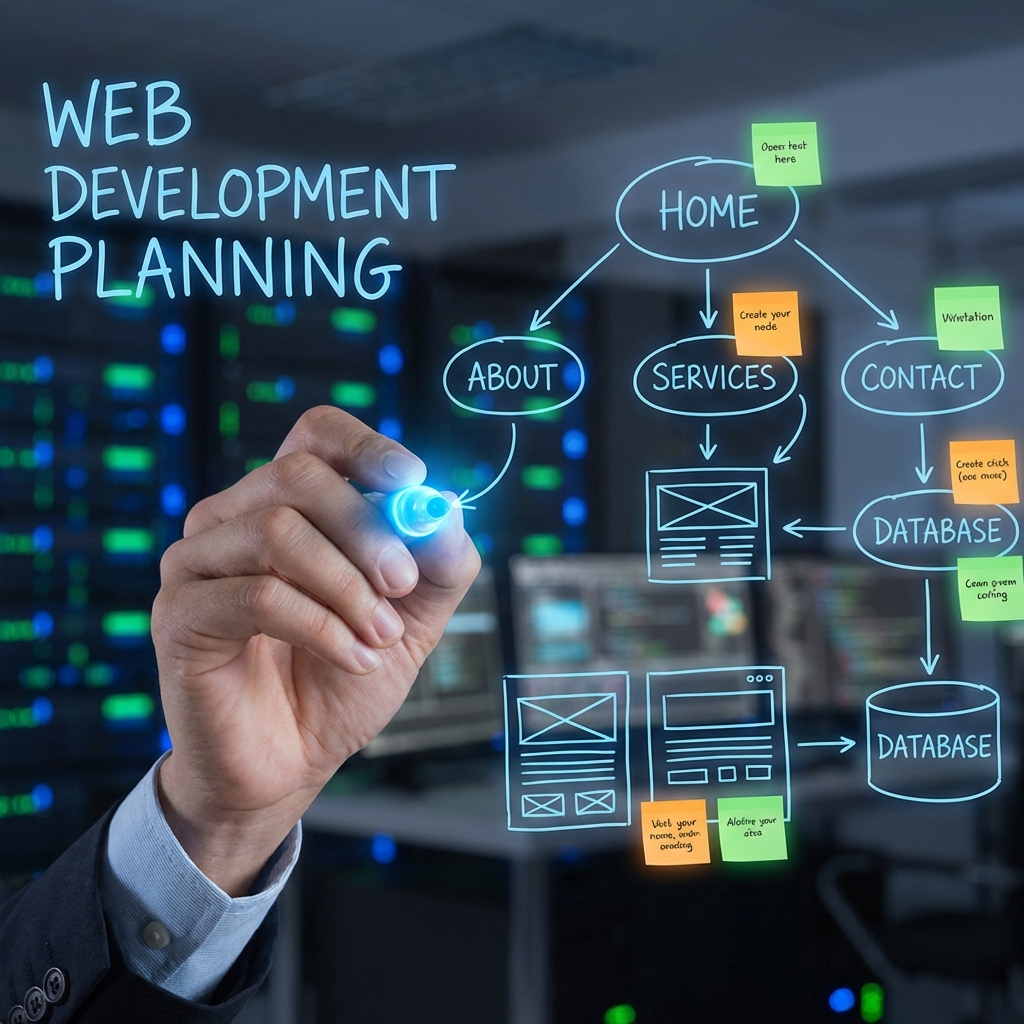 Desenvolvedor planejando estrutura de site moderno.