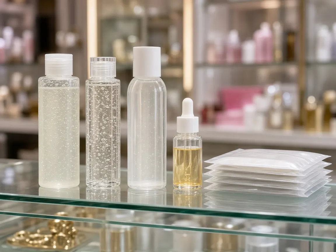 Essence, lotion, vitamin C serum and sheet masks on a beauty counter