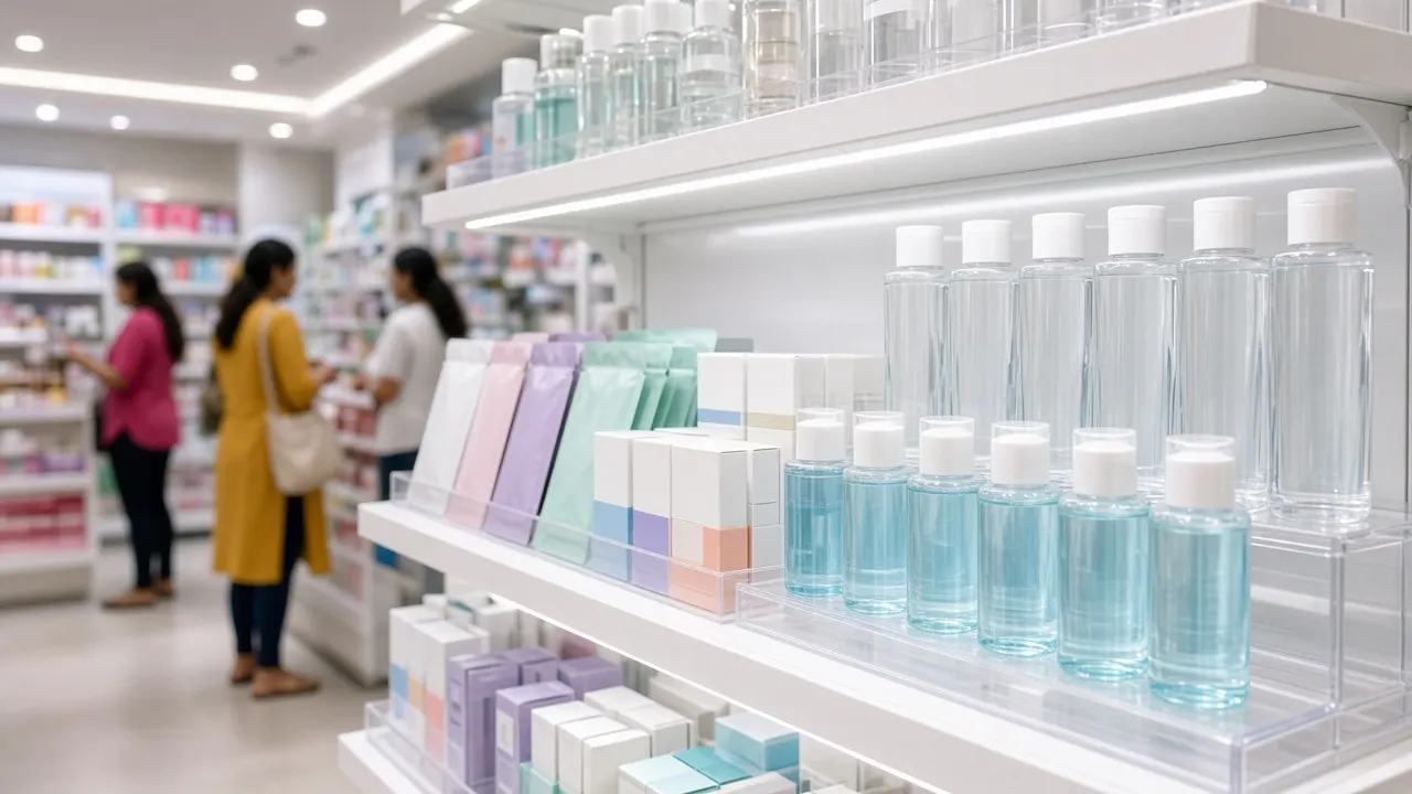 Indian beauty store shelf stocked with essences, sunscreens and masks