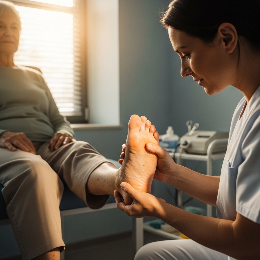 Nhân viên y tế đang kiểm tra kỹ lưỡng lòng bàn chân của người bệnh tiểu đường để phát hiện sớm các vết thương.