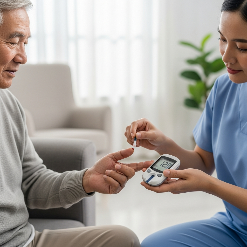 Hình ảnh người cao tuổi được người chăm sóc hỗ trợ đo đường huyết bằng máy đo cá nhân