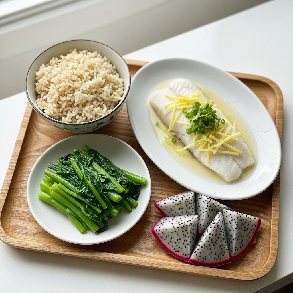 Mâm cơm dinh dưỡng khoa học cho người tiểu đường với gạo lứt, cá hấp và rau xanh