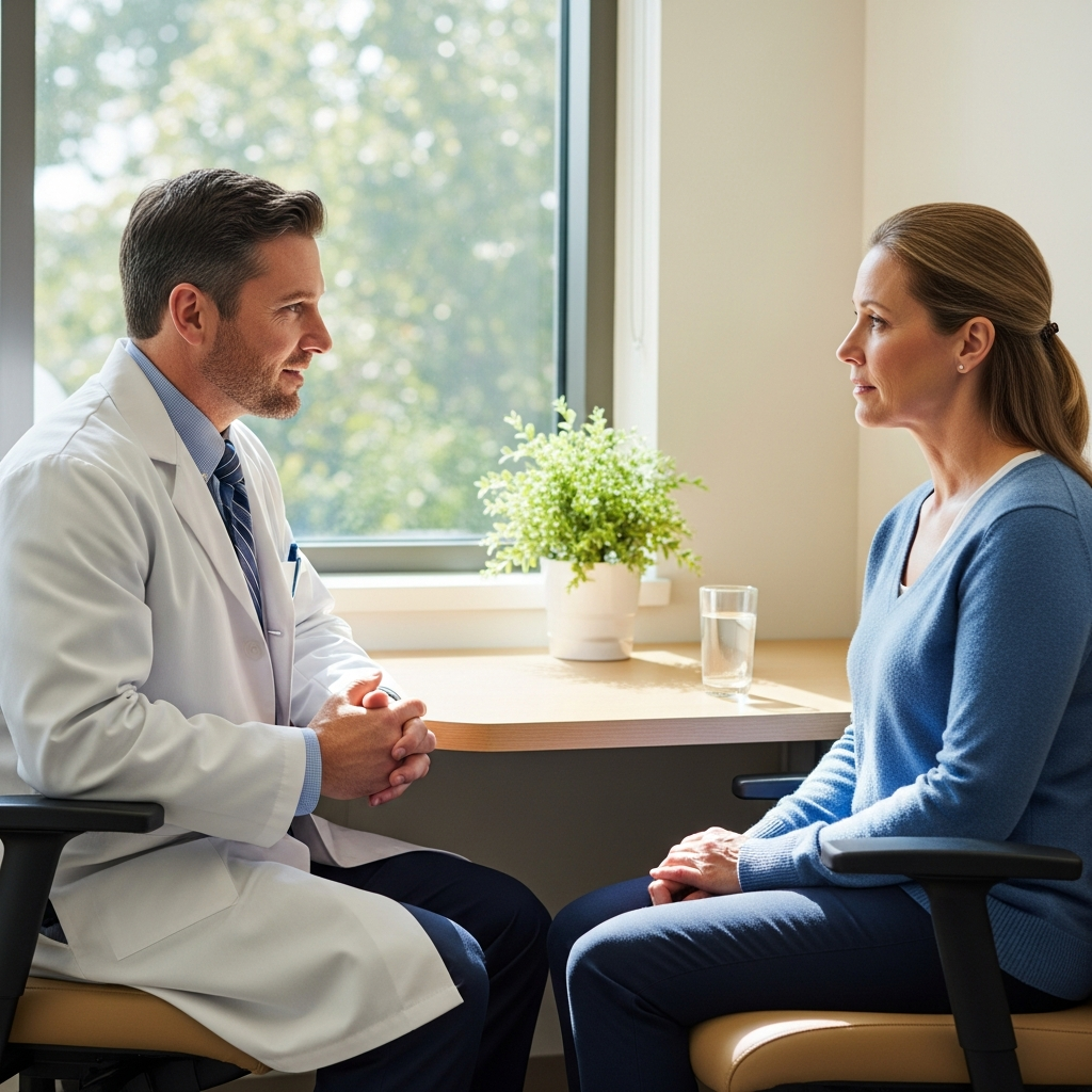 Bác sĩ chuyên khoa đang tư vấn và trấn an bệnh nhân khi thảo luận về các dấu hiệu biến chứng bàn chân.