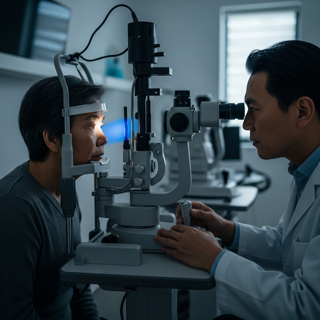 Bác sĩ chuyên khoa mắt đang sử dụng máy sinh hiển vi để soi đáy mắt và kiểm tra võng mạc cho người cao tuổi.