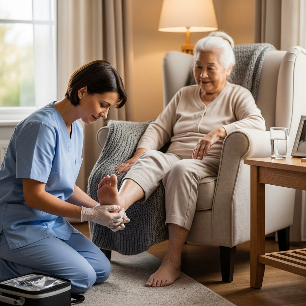 Người chăm sóc đang ân cần kiểm tra bàn chân cho người già để phòng ngừa biến chứng