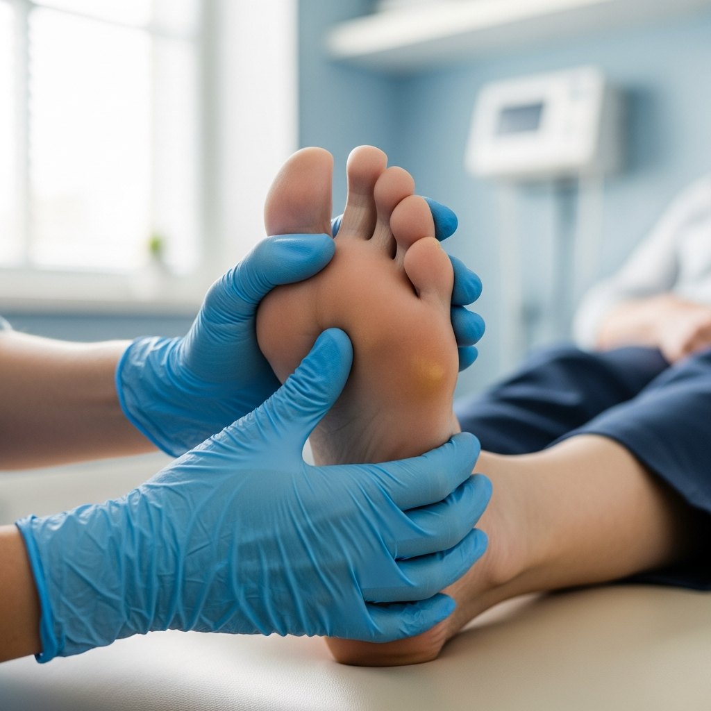 Nhân viên y tế đang kiểm tra kỹ lưỡng bàn chân của người bệnh tiểu đường để phát hiện sớm các vết thương và dấu hiệu mất cảm giác.