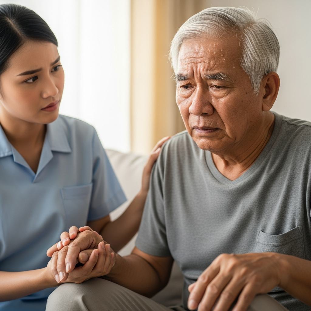 Cận cảnh người cao tuổi có biểu hiện vã mồ hôi lạnh và lú lẫn, một dấu hiệu điển hình của tụt đường huyết, đang được người thân chăm sóc.