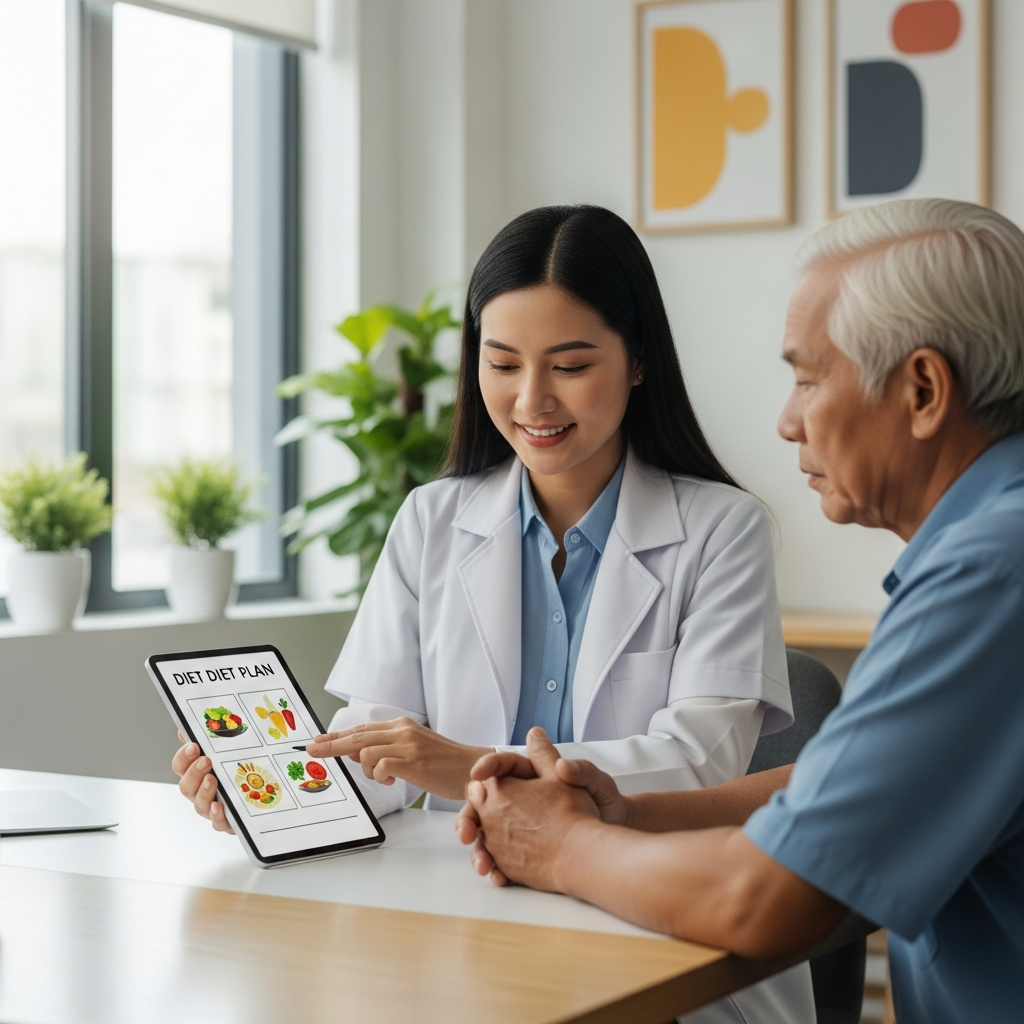 Bác sĩ tư vấn chế độ dinh dưỡng và chăm sóc sức khỏe cho người cao tuổi tại phòng khám.