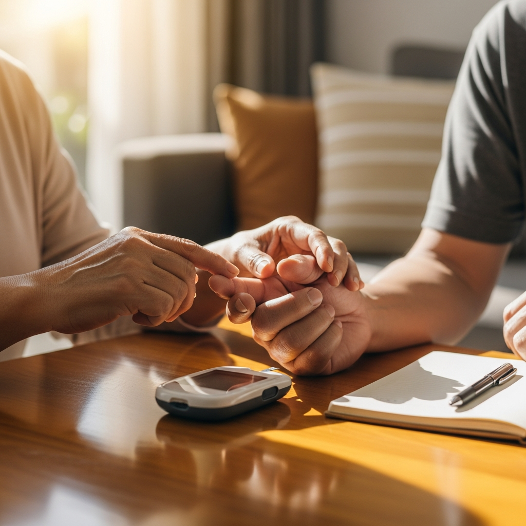 Người cao tuổi đang được người thân hỗ trợ đo đường huyết tại nhà bằng máy đo cá nhân để kiểm soát chỉ số an toàn.