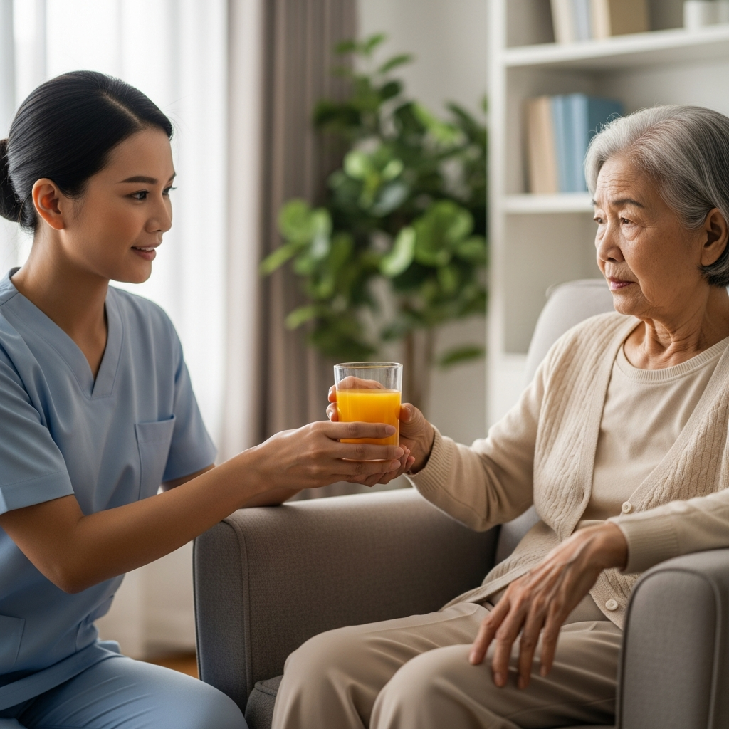 Người chăm sóc đang nhẹ nhàng đưa một ly nước trái cây cho người già để cấp cứu nhanh tình trạng hạ đường huyết theo quy tắc 15-15.