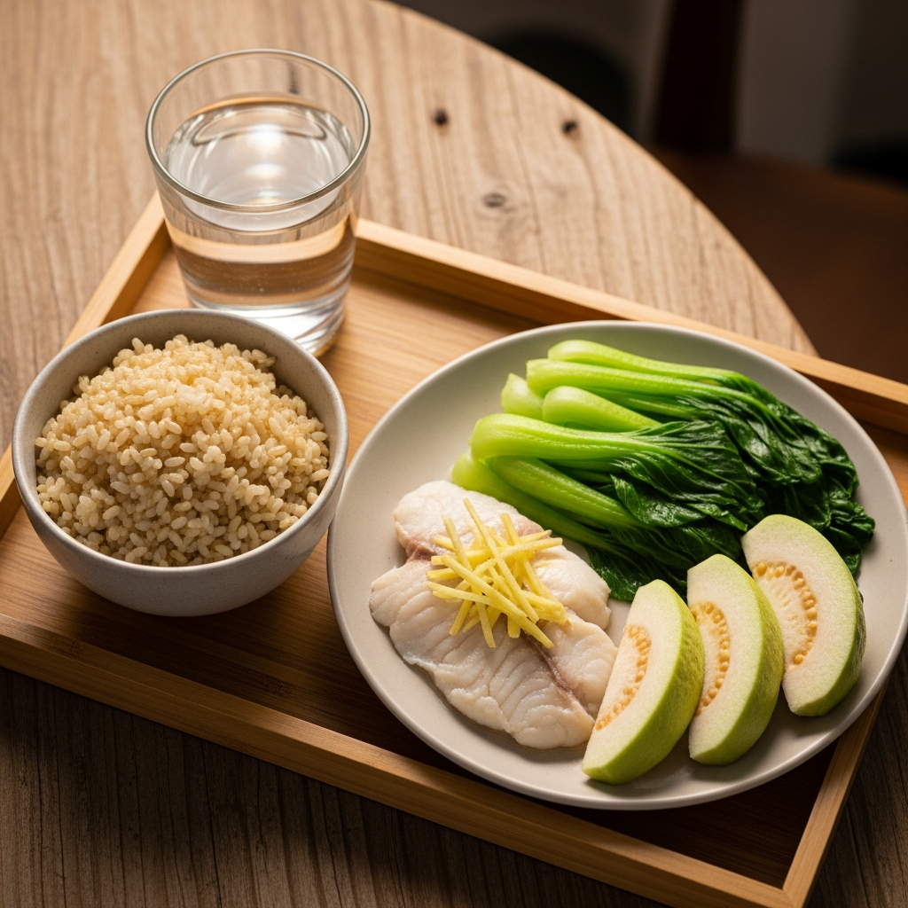 Mâm cơm dinh dưỡng cho người tiểu đường với gạo lứt, cá hấp, rau xanh và trái cây ít ngọt.