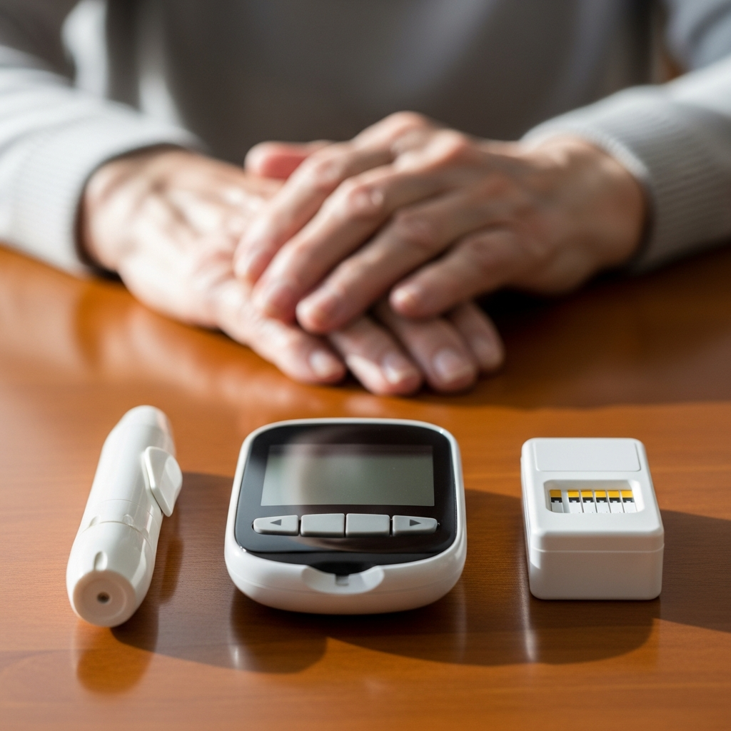 Hình ảnh minh họa bộ thiết bị đo đường huyết cá nhân gồm máy đo, kim và que thử, dụng cụ thiết yếu để kiểm soát bệnh tiểu đường ở người già.