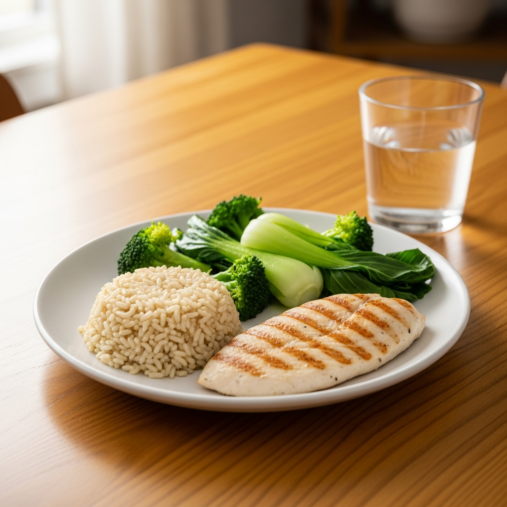 Bữa ăn dinh dưỡng cân bằng cho người già bị tiểu đường gồm gạo lứt, rau xanh và thịt nạc.