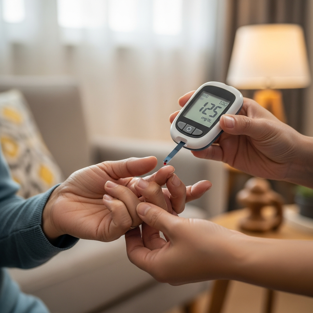 Người chăm sóc đang hỗ trợ người cao tuổi đo chỉ số đường huyết bằng máy đo cá nhân tại nhà.