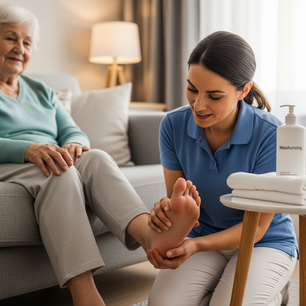 Quy trình kiểm tra bàn chân hàng ngày cho người già để phát hiện sớm vết loét và ngăn ngừa biến chứng.