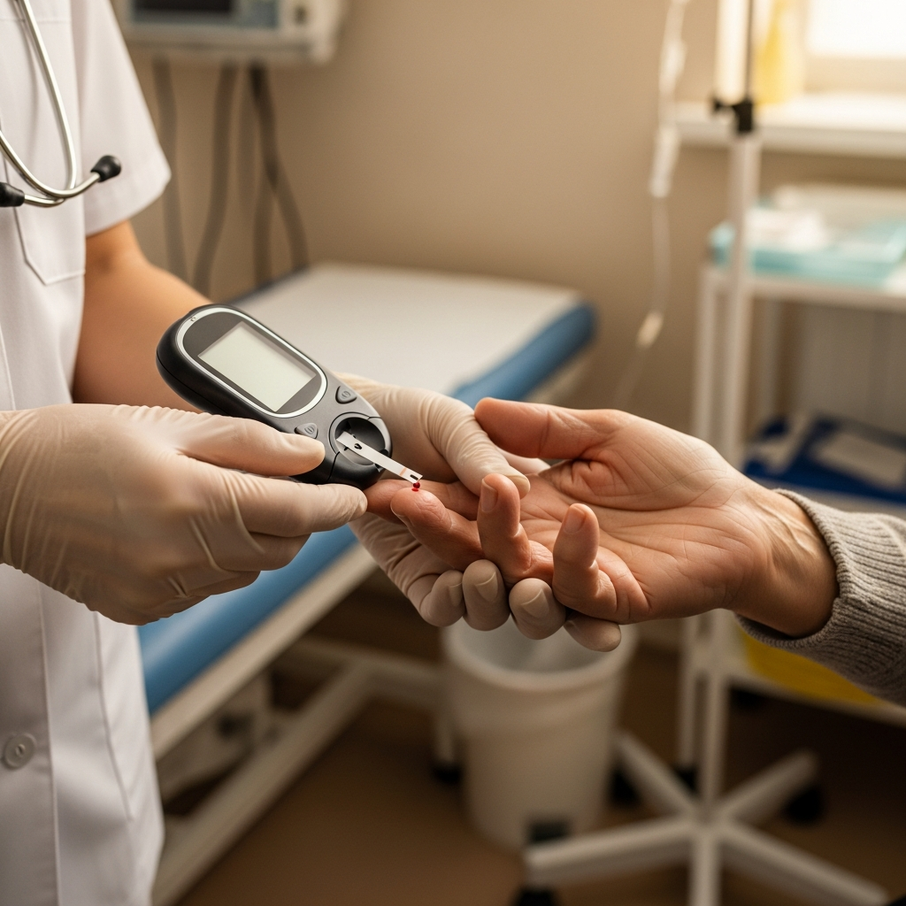 Nhân viên y tế đang nhẹ nhàng đo chỉ số đường huyết ở ngón tay cho người bệnh cao tuổi.