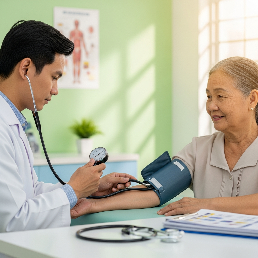 Bác sĩ đang đo huyết áp cho bệnh nhân nữ lớn tuổi để kiểm soát bệnh cao huyết áp.