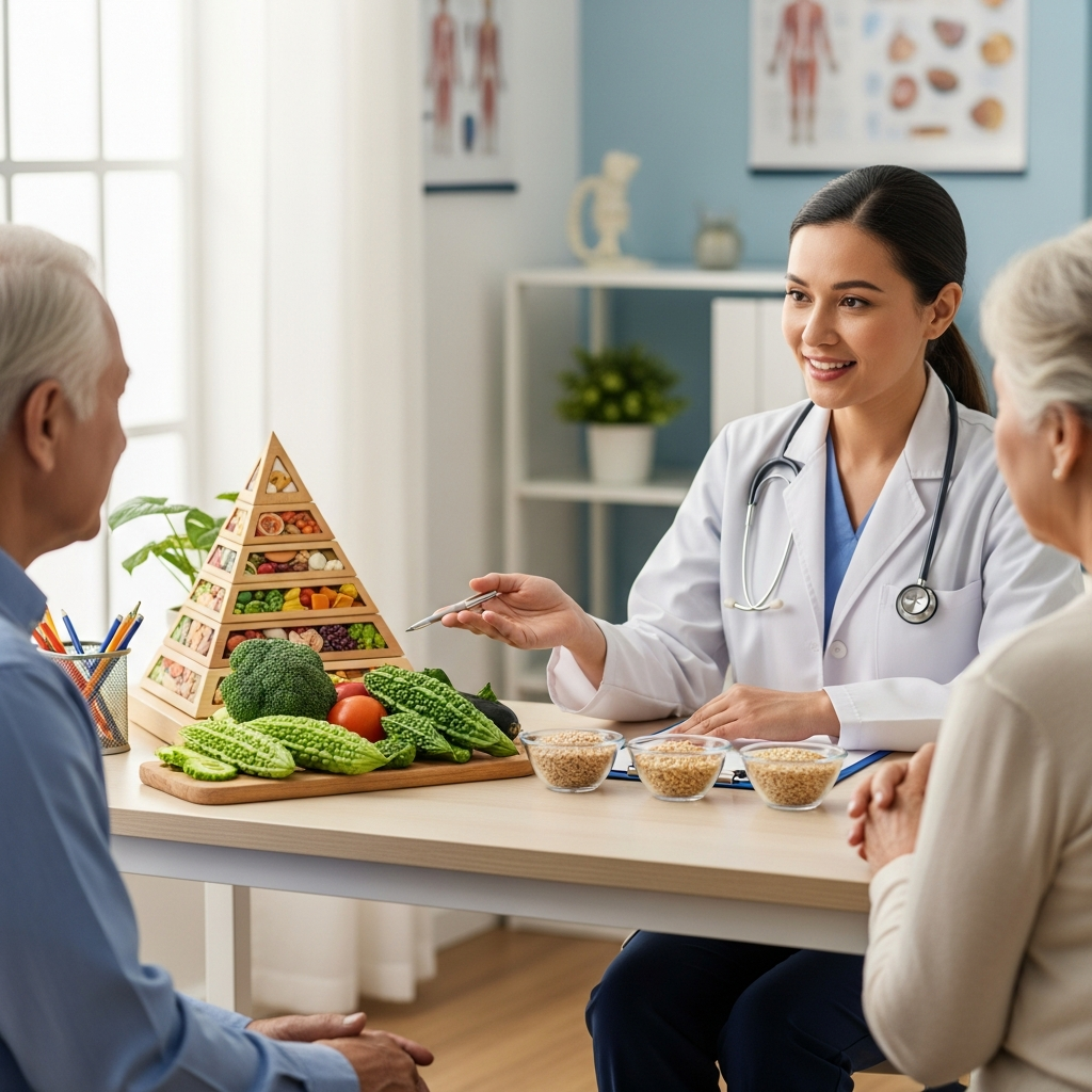 Chuyên gia dinh dưỡng đang tư vấn thực đơn mẫu với gạo lứt và rau xanh cho người cao tuổi.