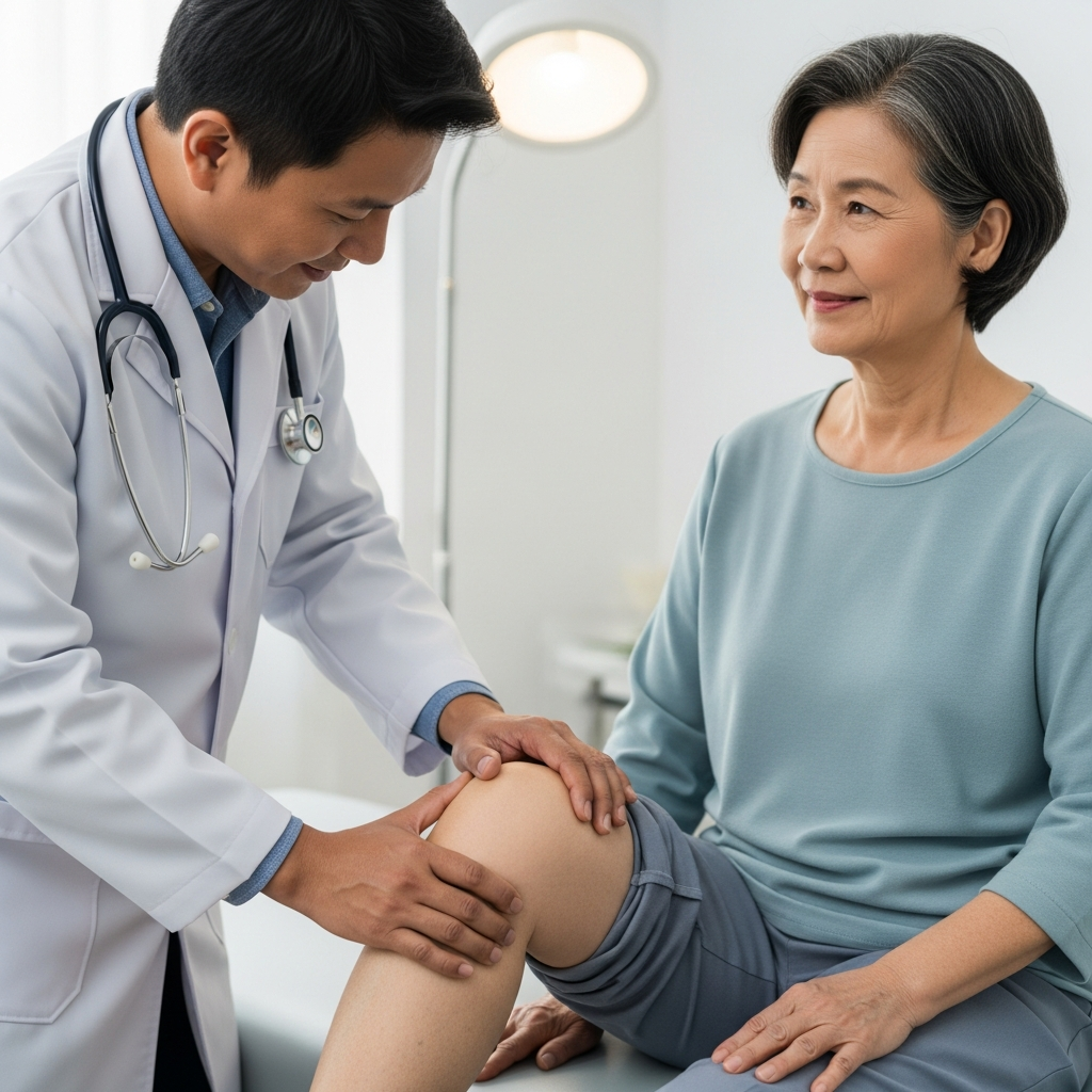 Bác sĩ đang khám khớp gối cẩn thận cho bệnh nhân cao tuổi tại phòng khám chuyên khoa.