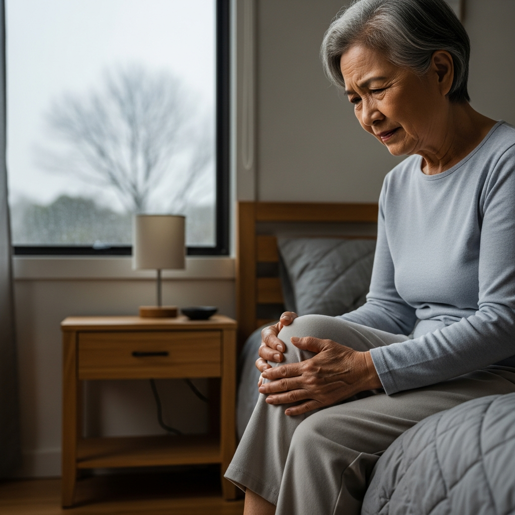 An elderly woman sitting on a bed holding her knee in pain, indicating joint stiffness due to weather changes.