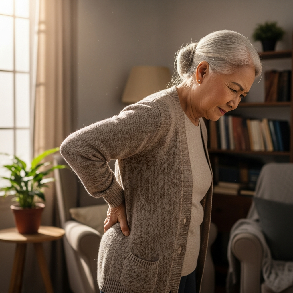 Người phụ nữ lớn tuổi đặt tay lên vùng thắt lưng thể hiện dấu hiệu đau lưng do loãng xương