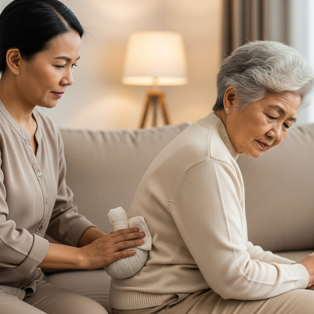 Người thân đang chườm nóng vùng lưng cho người cao tuổi để giảm đau và thư giãn cơ