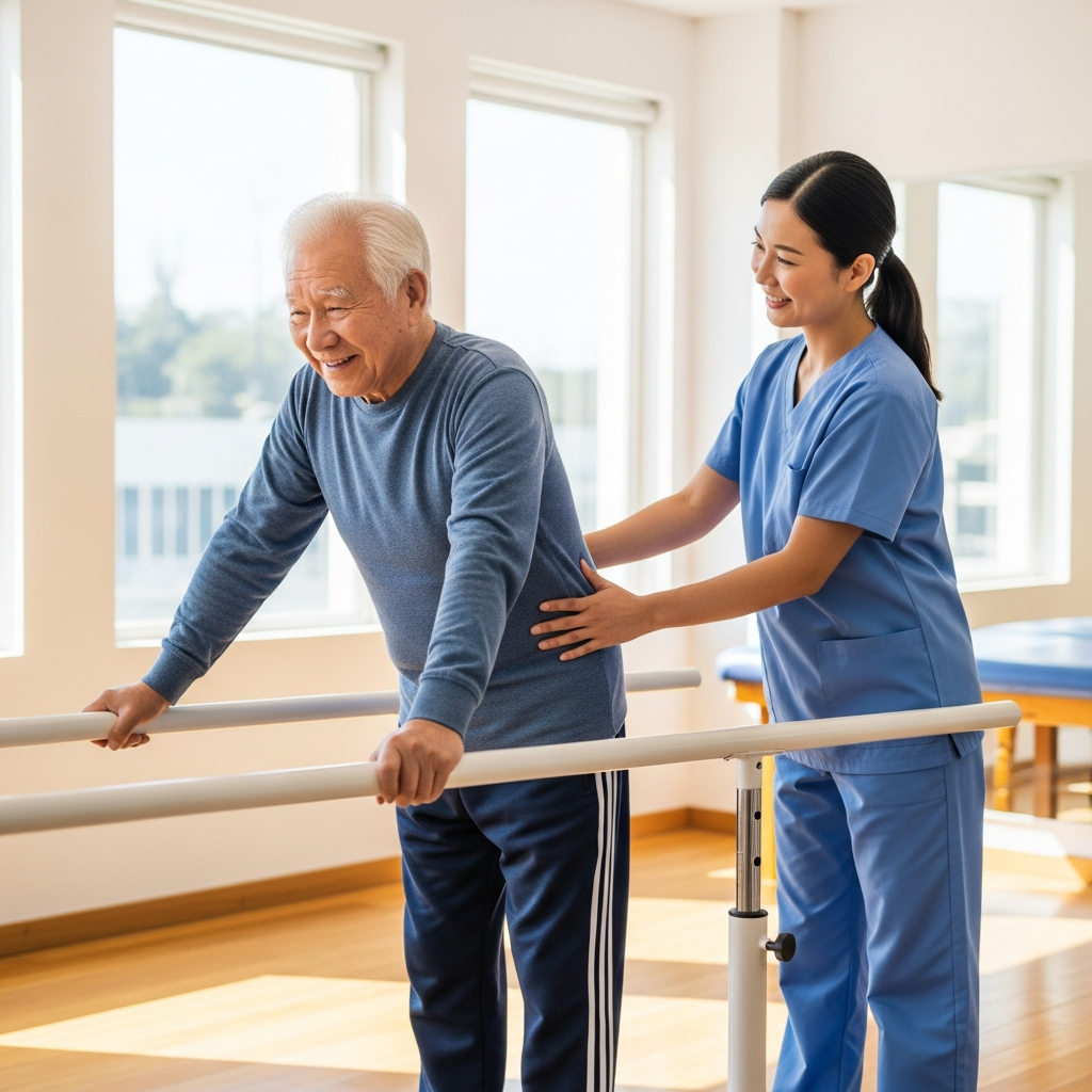 Người cao tuổi tập phục hồi chức năng đi bộ dưới sự hướng dẫn của chuyên gia vật lý trị liệu.