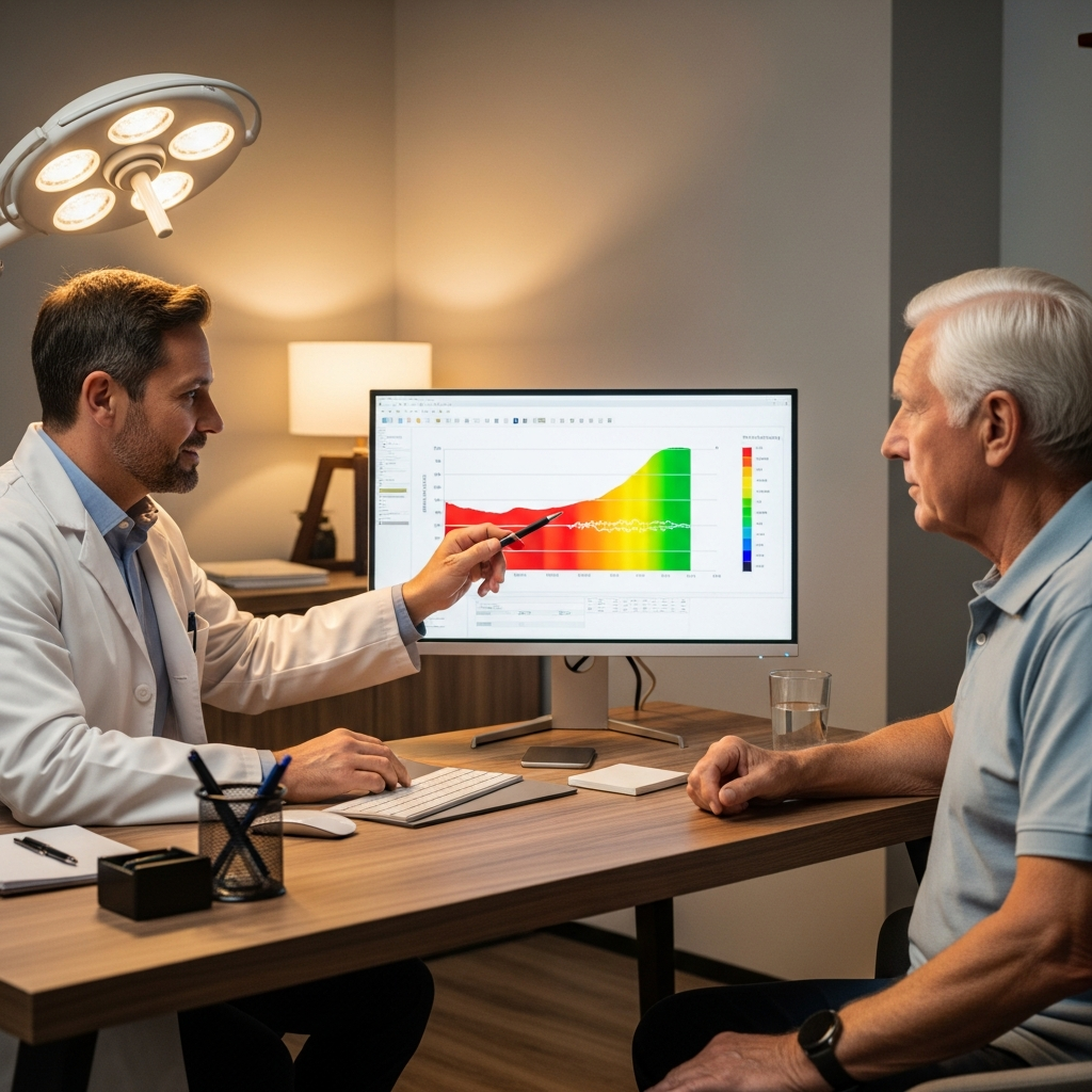 Bác sĩ đang tư vấn kết quả đo mật độ xương cho bệnh nhân cao tuổi tại phòng khám