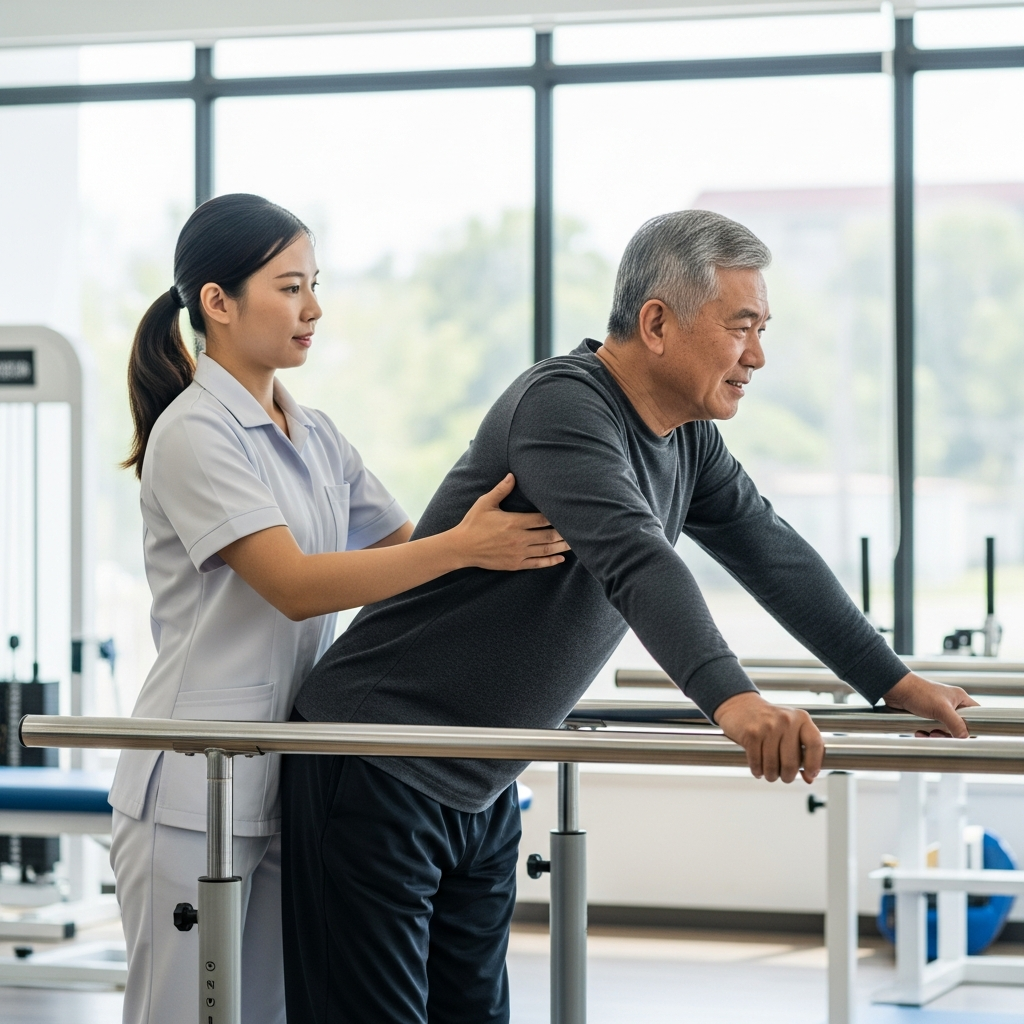 Bác sĩ vật lý trị liệu hướng dẫn cụ già thực hiện bài tập kéo giãn cơ lưng nhẹ nhàng tại phòng tập