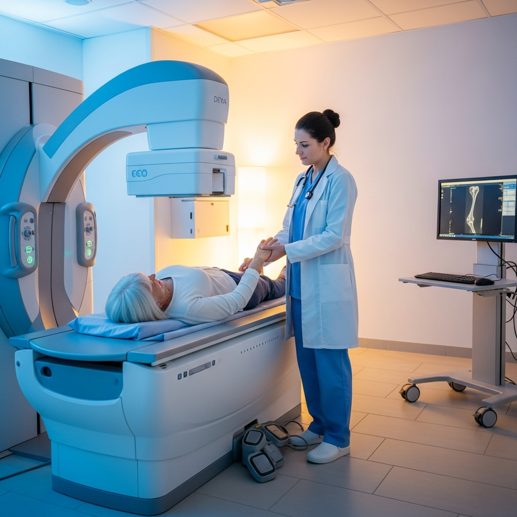 Hệ thống máy đo mật độ xương hiện đại và nhân viên y tế hỗ trợ người bệnh tại bệnh viện.