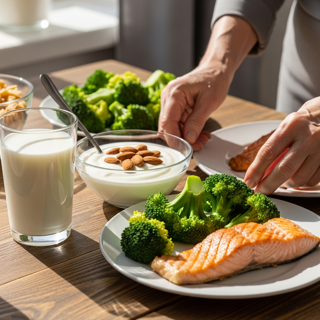 Bữa ăn dinh dưỡng giàu Canxi và Vitamin D bao gồm sữa, cá hồi và rau xanh tốt cho người loãng xương