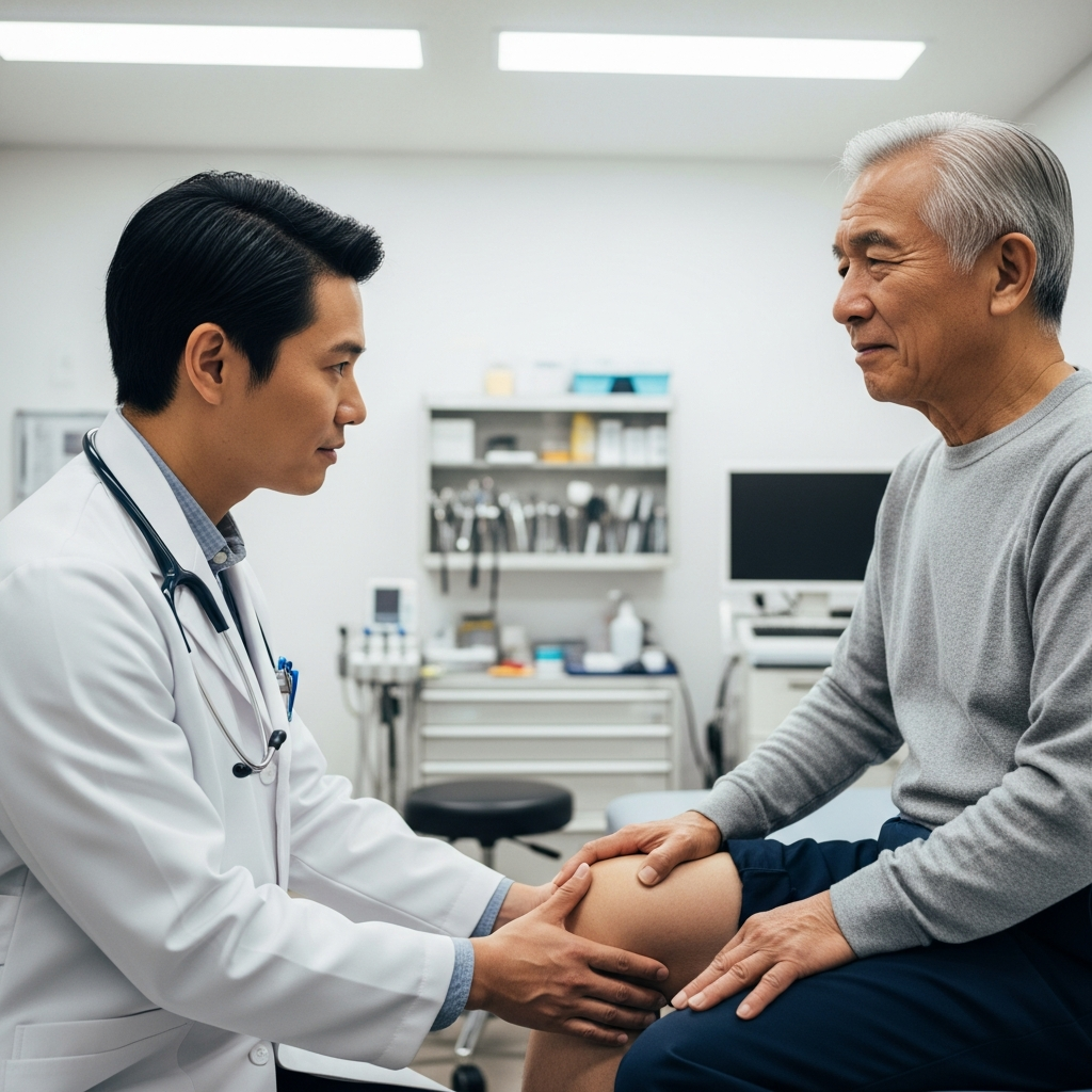 A doctor examining the knee of an elderly patient in a professional medical clinic setting.