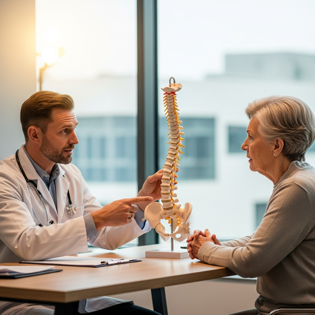 Bác sĩ chuyên khoa xương khớp đang tư vấn và giải thích mô hình cột sống cho bệnh nhân cao tuổi