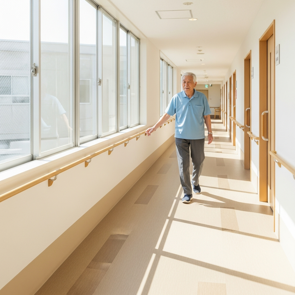 A senior man using safety handrails to walk down a bright, clean corridor in a modern nursing home with non-slip flooring.