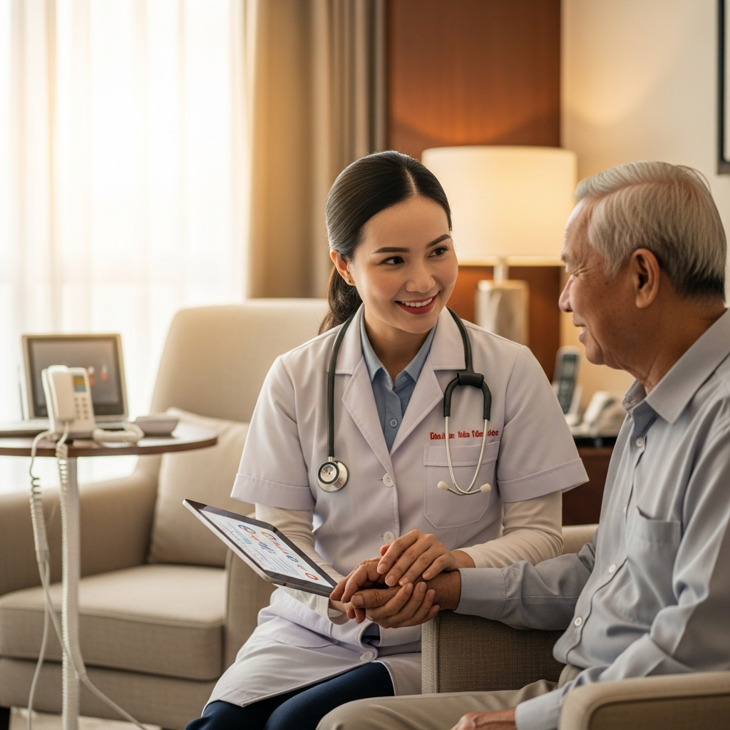 Bác sĩ tận tình chăm sóc và tư vấn sức khỏe cho người cao tuổi tại phòng riêng đầy đủ tiện nghi y tế.