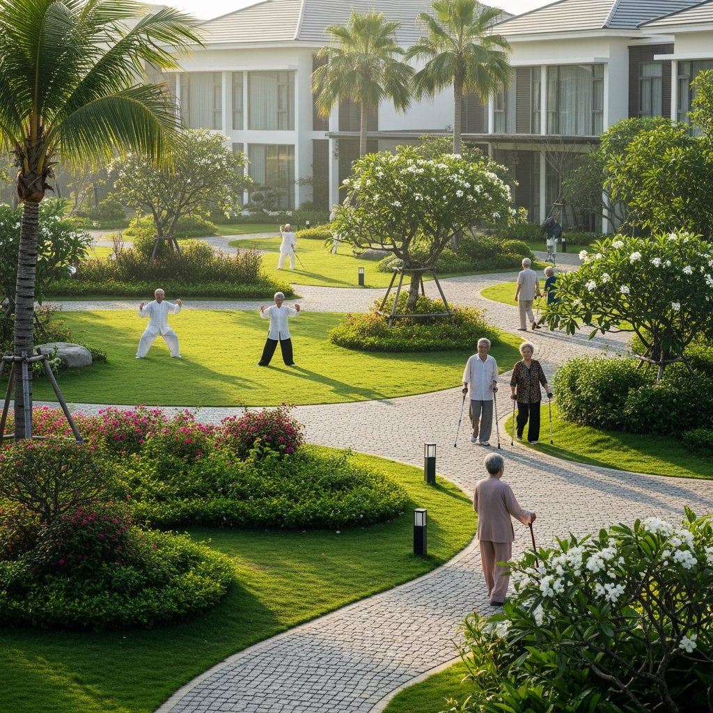 Khuôn viên xanh mát và hiện đại của mô hình viện dưỡng lão nghỉ dưỡng cao cấp