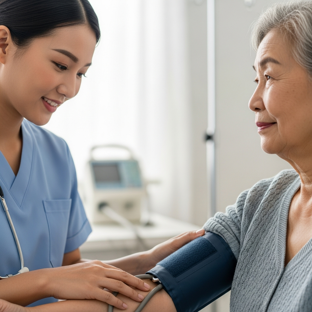 A professional nurse gently checking the blood pressure of an elderly woman, displaying compassion and medical expertise.