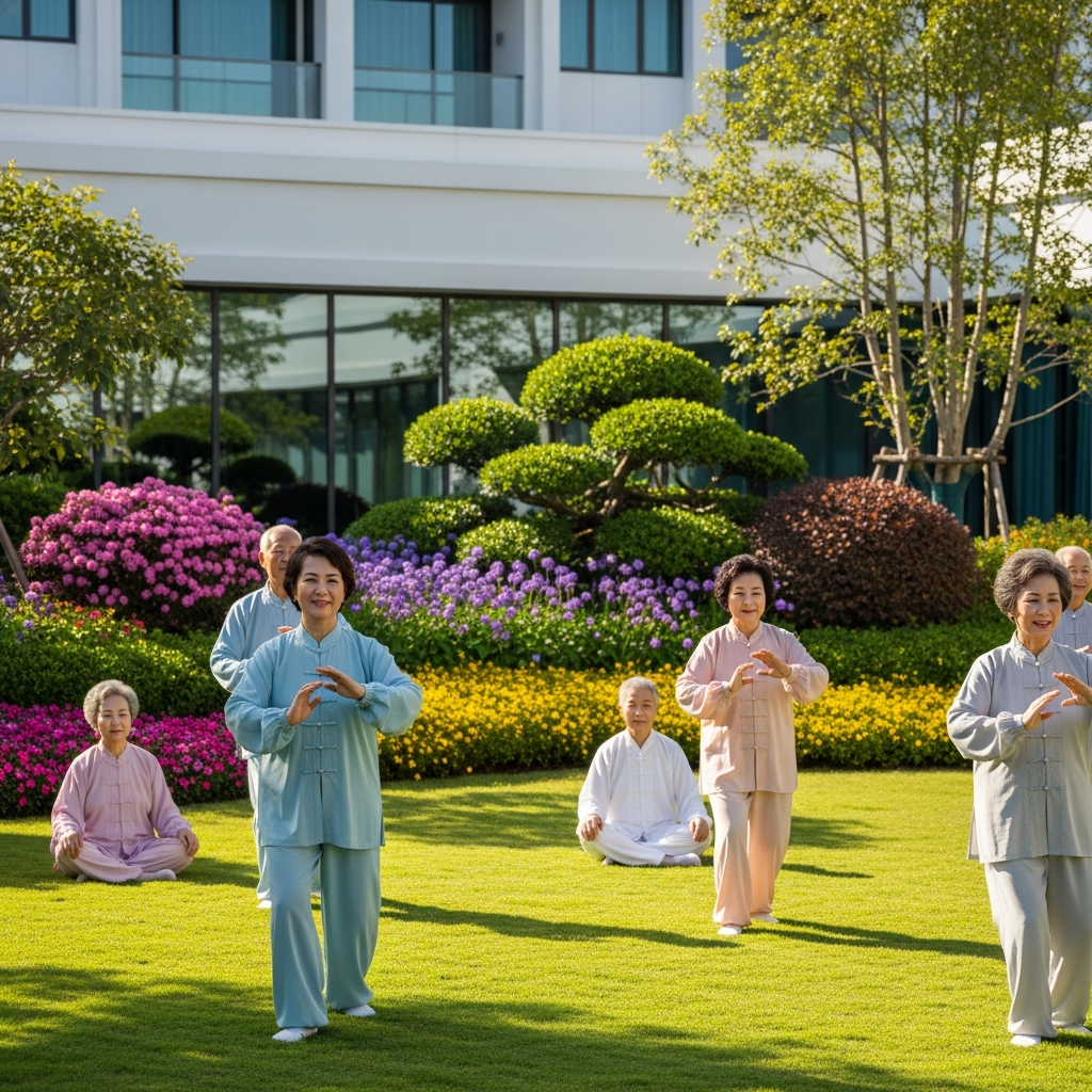 Nhóm người cao tuổi tham gia hoạt động dưỡng sinh và thư giãn ngoài trời tại khuôn viên xanh mát của viện dưỡng lão.