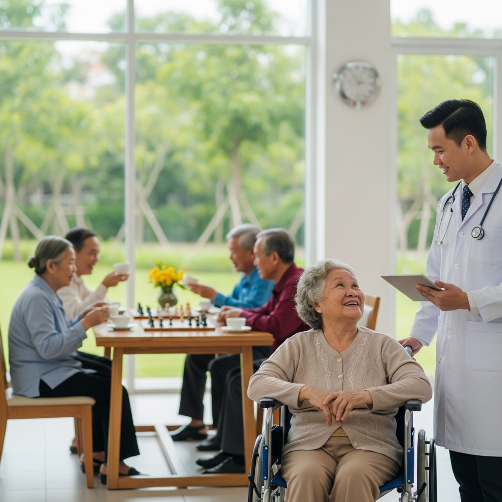 A doctor interacting with an elderly woman in a modern, sunlit nursing home with other seniors socializing in the background.
