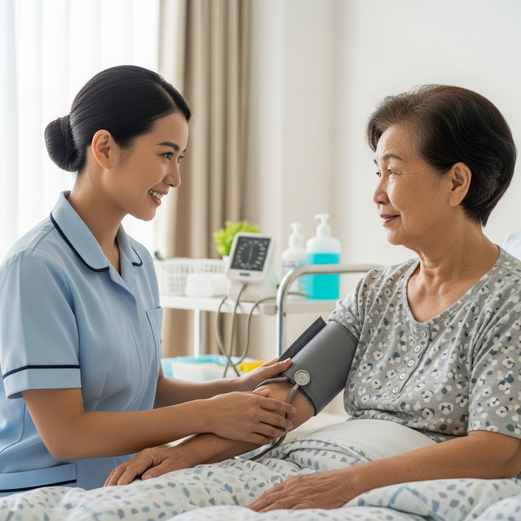 Điều dưỡng viên đang kiểm tra sức khỏe và đo huyết áp cho người cao tuổi với thái độ ân cần