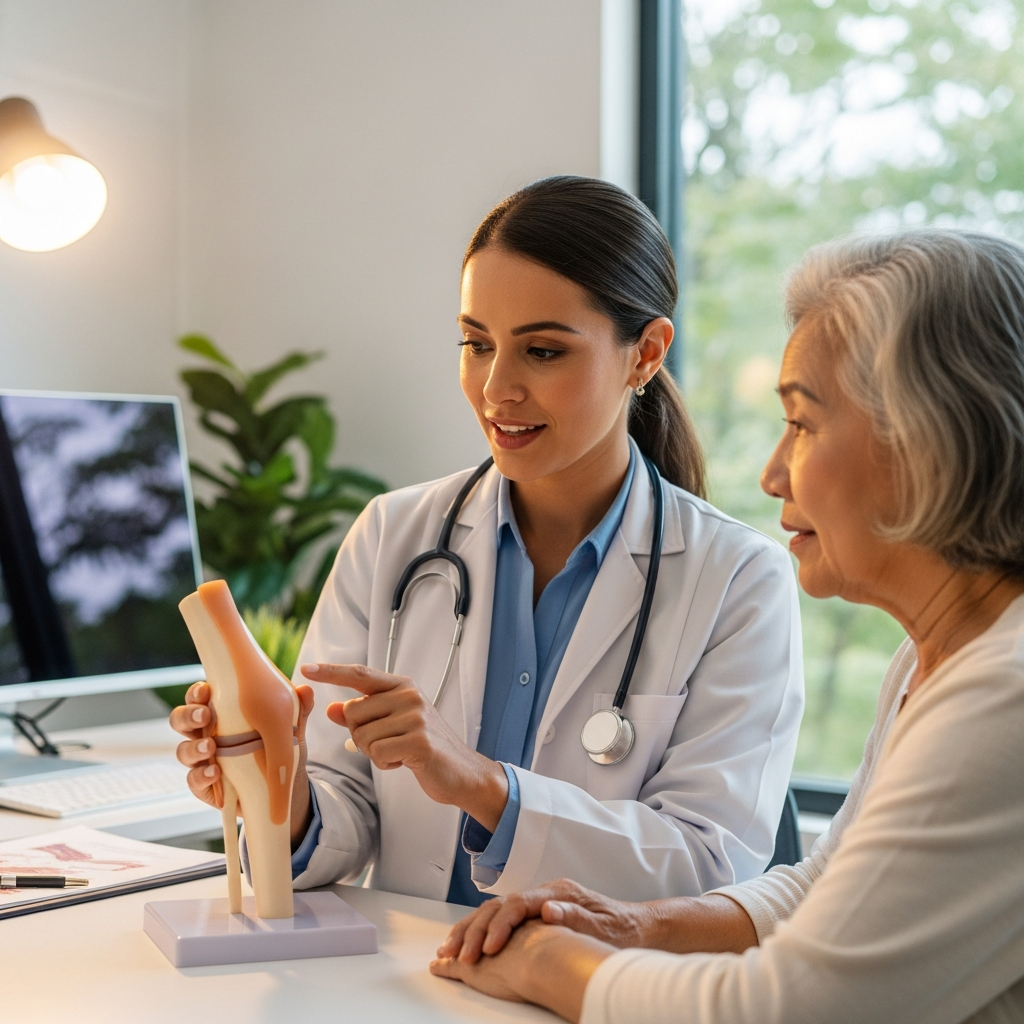 Bác sĩ đang tư vấn cho người cao tuổi về sức khỏe xương khớp bằng mô hình xương.