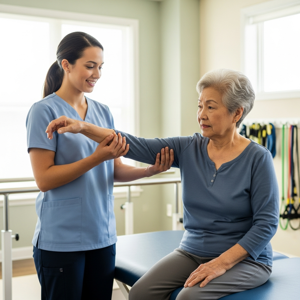 Chuyên gia vật lý trị liệu đang ân cần hướng dẫn và kiểm tra vận động khớp cho người cao tuổi tại phòng khám.