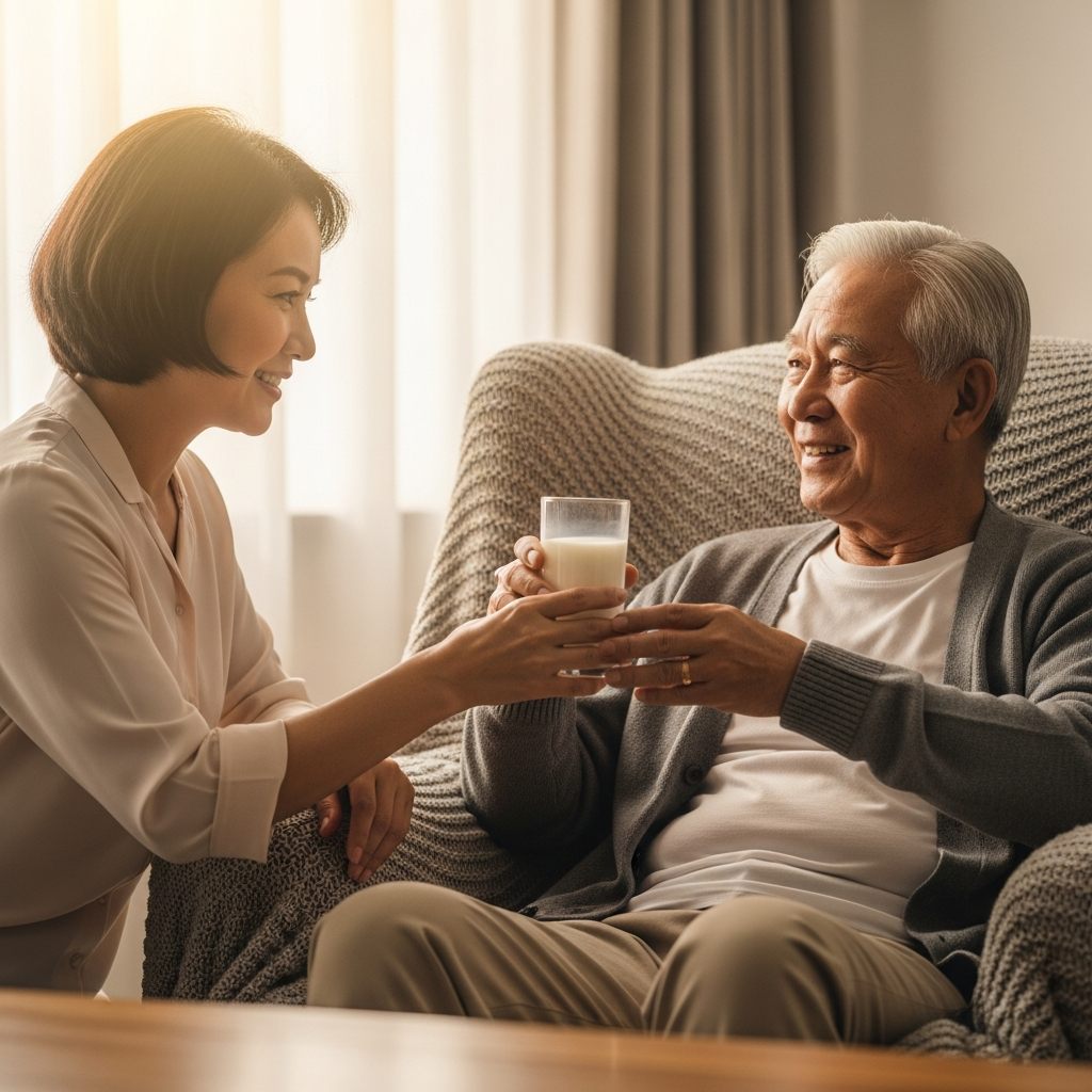 Con gái ân cần mời bố uống ly sữa dinh dưỡng bổ sung canxi trong không gian ấm cúng.