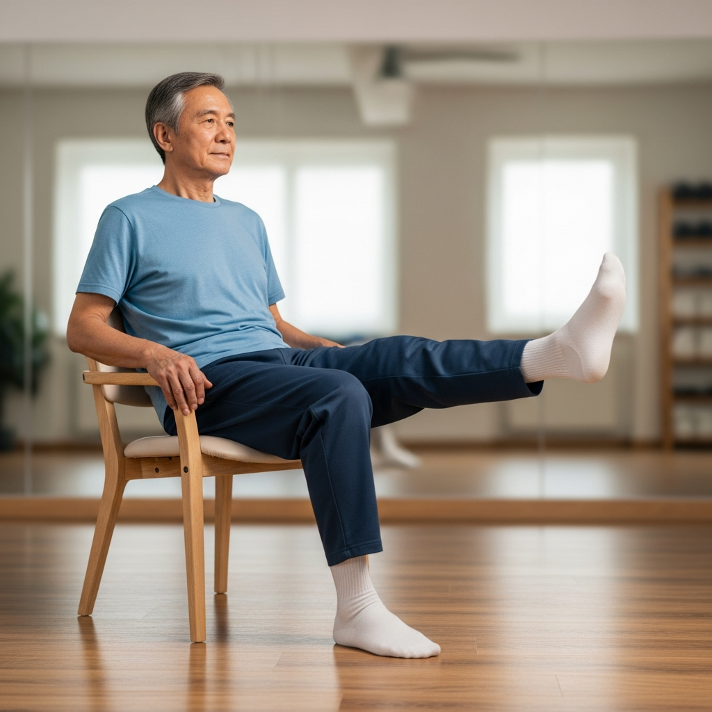 Người lớn tuổi đang thực hiện động tác ngồi duỗi thẳng chân trên ghế để phục hồi chức năng khớp gối.