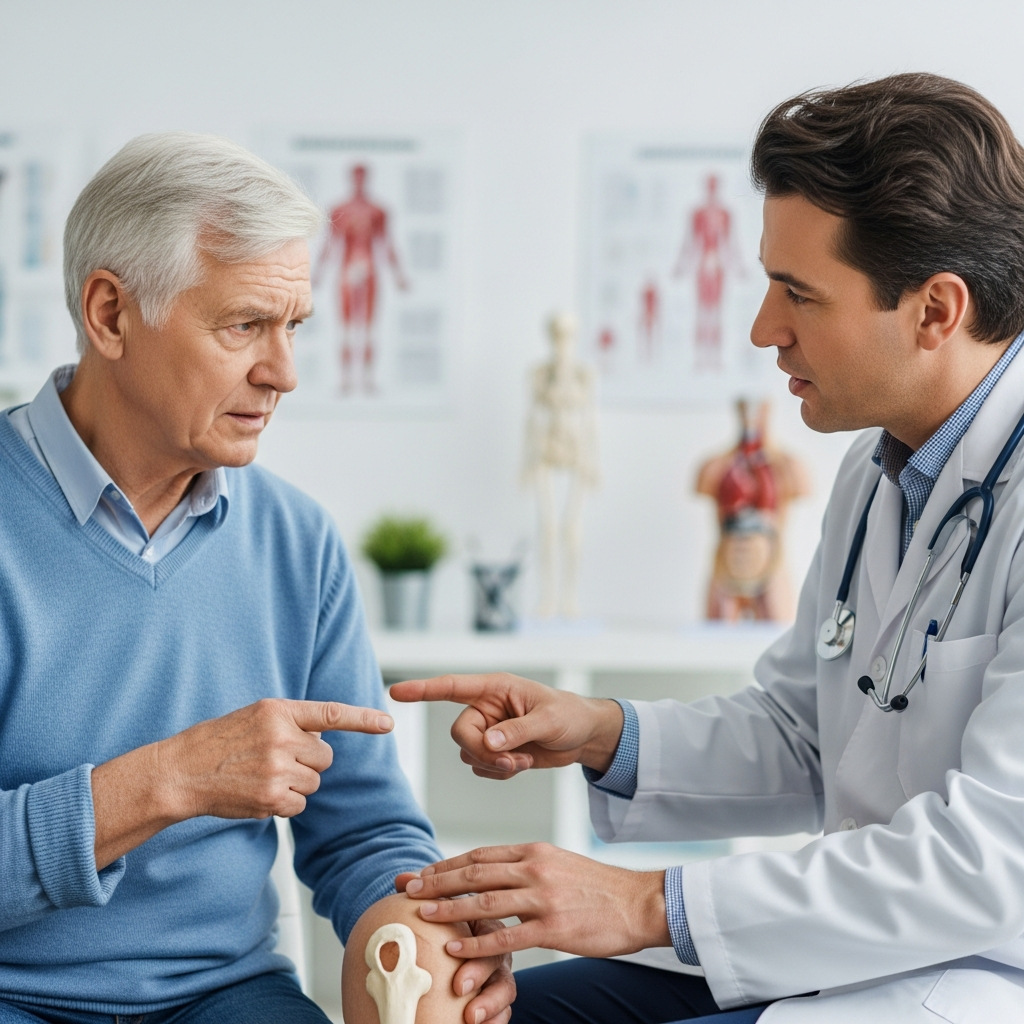 Bác sĩ chuyên khoa đang khám và tư vấn kỹ lưỡng cho bệnh nhân cao tuổi về tình trạng đau xương khớp.