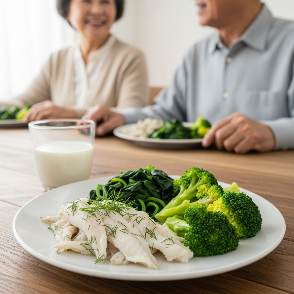 Bữa ăn dinh dưỡng cho người già với ly sữa, cá nhỏ và rau xanh đậm giúp bổ sung canxi.