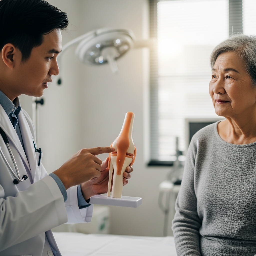 Bác sĩ sử dụng mô hình khớp gối để giải thích tình trạng thoái hóa cho bệnh nhân cao tuổi trong phòng khám.