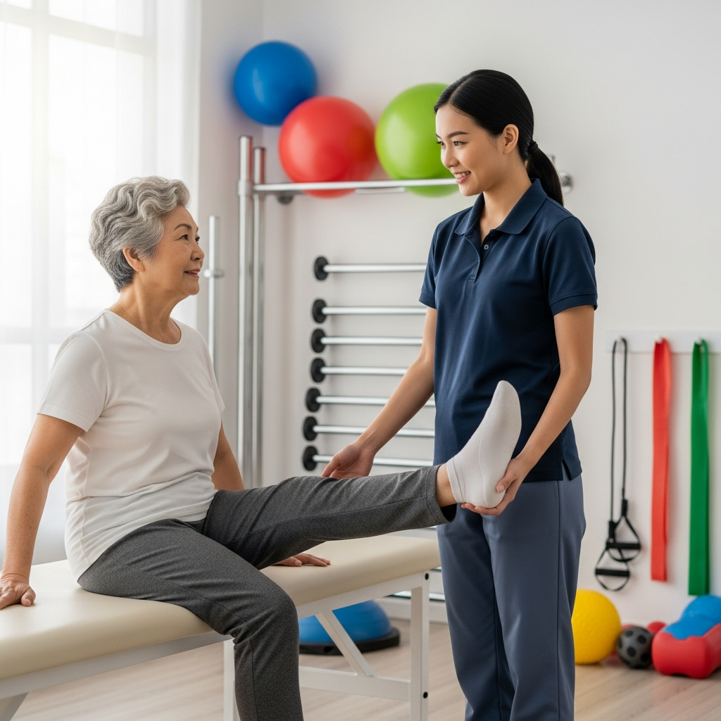 Chuyên gia vật lý trị liệu đang hướng dẫn người cao tuổi thực hiện bài tập phục hồi chức năng khớp gối.