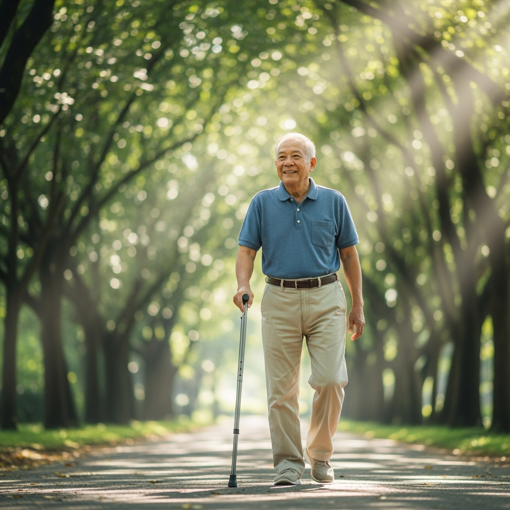 Người cao tuổi đi dạo trong công viên với sự hỗ trợ của gậy chống, minh họa cho lối sống lành mạnh và vận động hợp lý.
